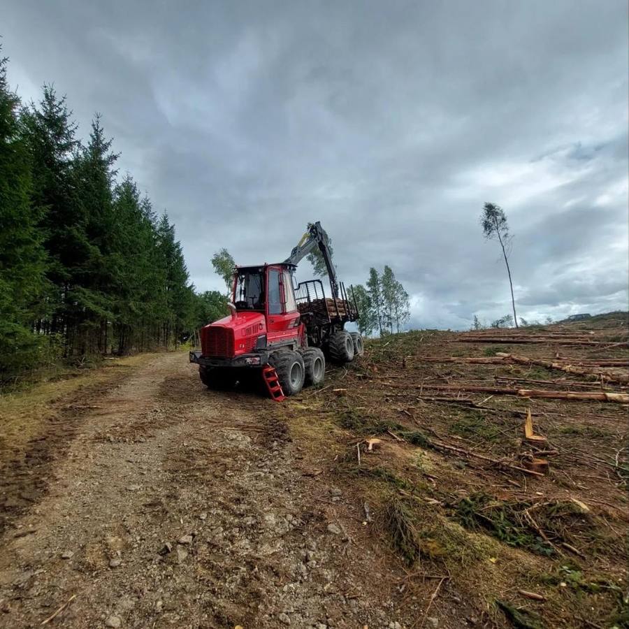 Roter Rückezug Komatsu 845 auf einer Kahlfläche