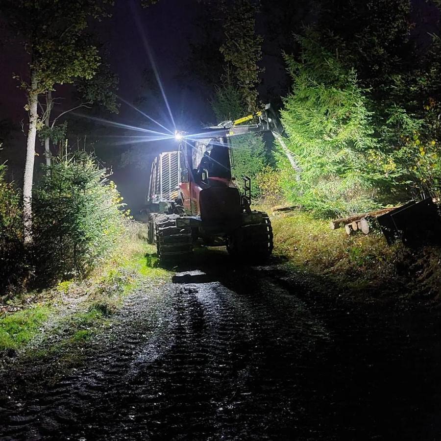 Rückezug mit eingeschalteten Arbeitsscheinwerfern nachts im Wald